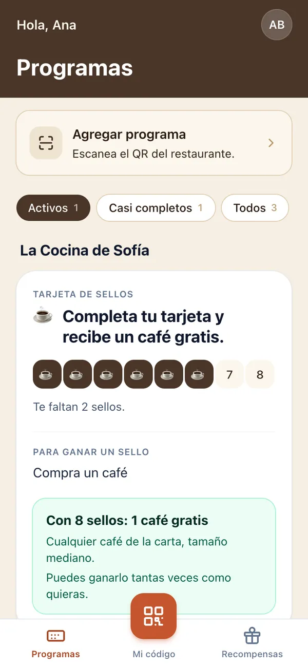 App del cliente en Delids: tarjeta de sellos de un restaurante