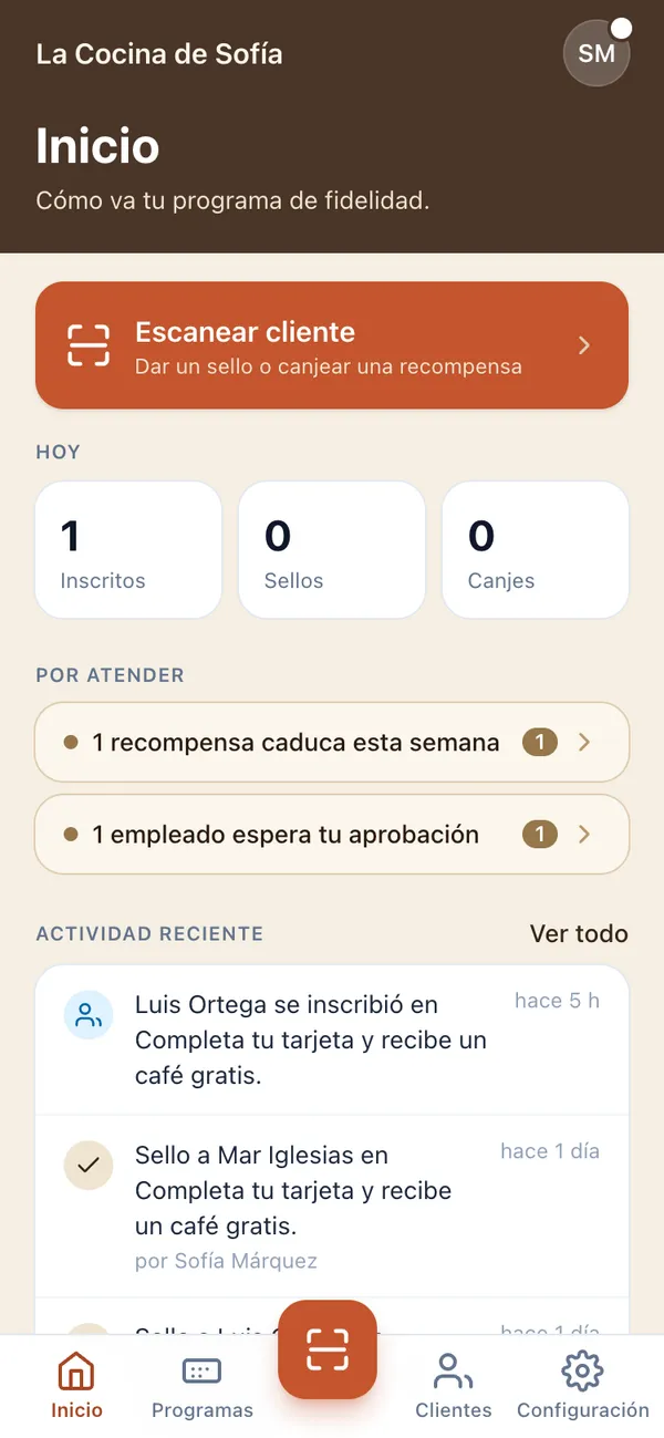 App del restaurante en Delids: inicio con inscritos, sellos y canjes