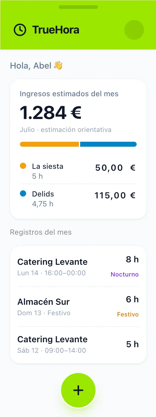 Pantalla principal de TrueHora con los ingresos estimados del mes